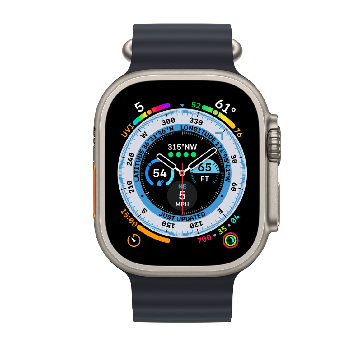 Close-up of Apple Watch Ultra GPS + Cellular, 49mm Titanium Case with Midnight Black Ocean Band