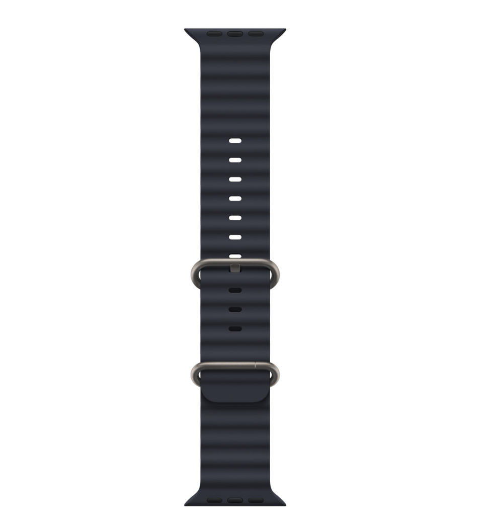 Apple Watch Ultra GPS + Cellular, 49mm Titanium Case with Midnight Black Ocean Band on wrist