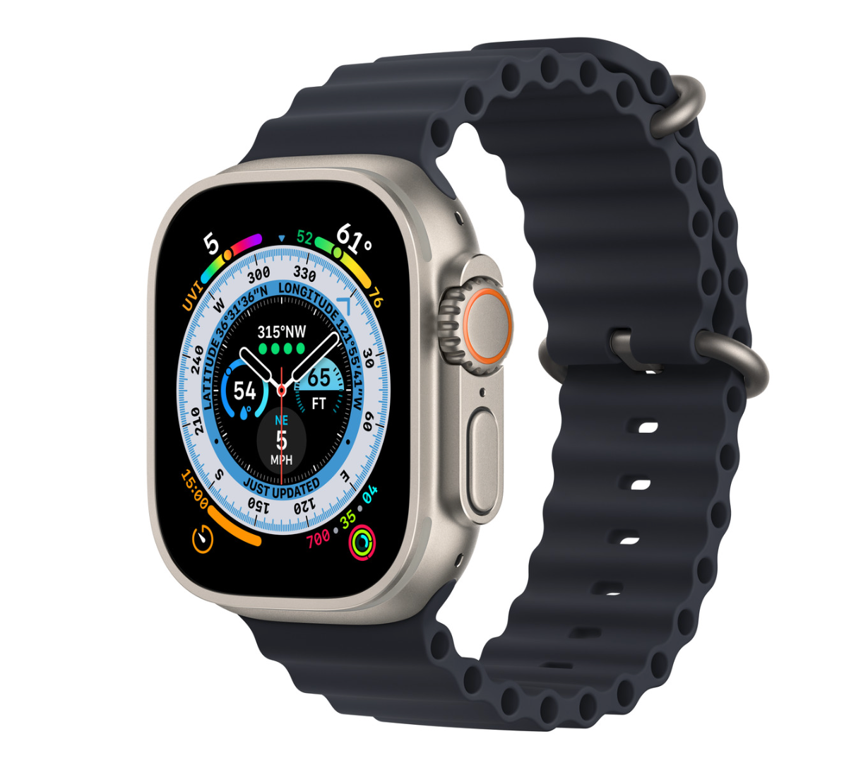 Side angle of Apple Watch Ultra GPS + Cellular, 49mm Titanium Case with Midnight Black Ocean Band