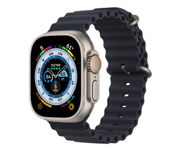 Side angle of Apple Watch Ultra GPS + Cellular, 49mm Titanium Case with Midnight Black Ocean Band